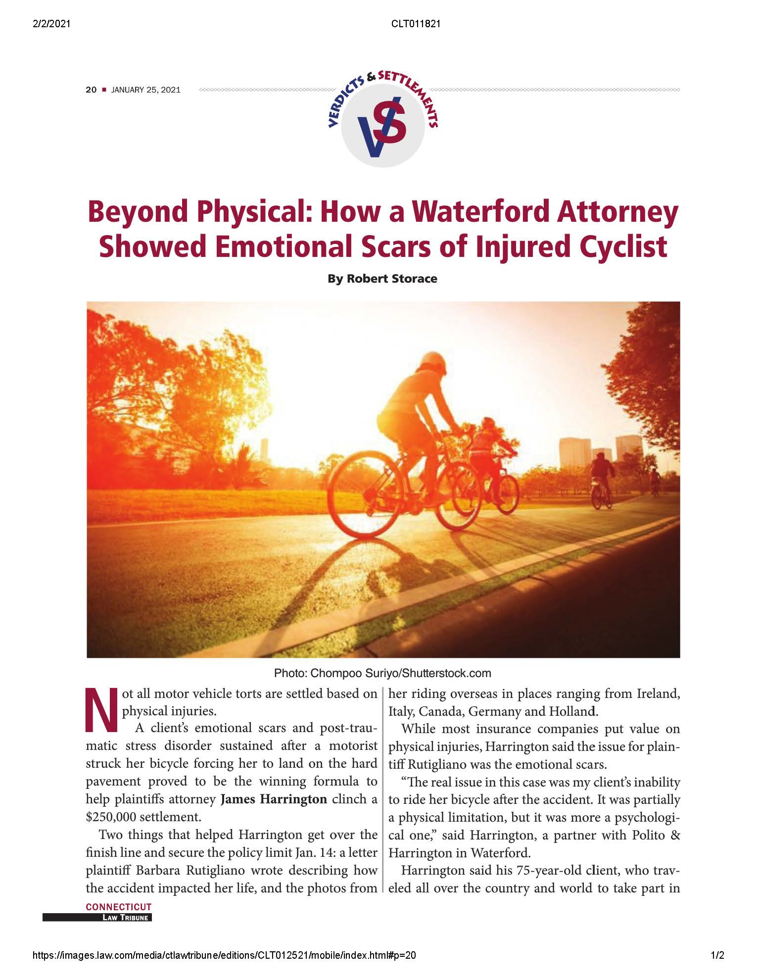 Connecticut Law Tribune: How a Waterford Attorney Showed Emotional Scars of Injured Cyclist